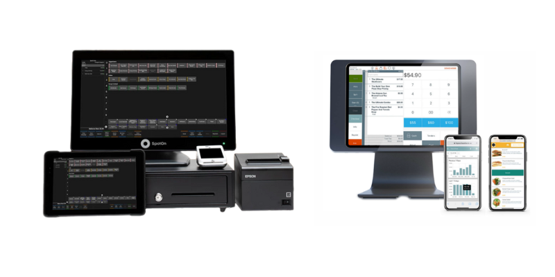 SpotOn POS and handheld next to Heartland terminal and mobile device.