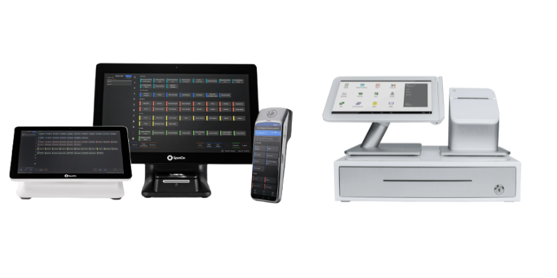 SpotOn POS terminal  and handheld next to Clover POS kit.